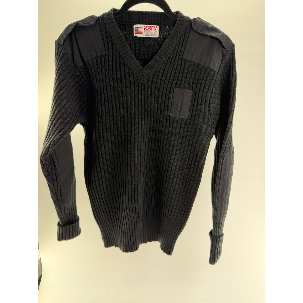 National Patrol Vintage Mens Tactical Commando Sweater Black Ribbed V-Neck Small